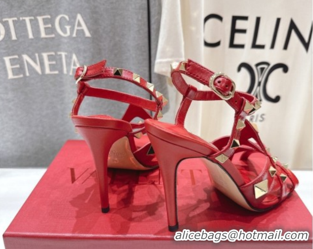Luxurious Valentino Studdy Heel Sandals 9.5cm in Calfskin Leather Red 0224037
