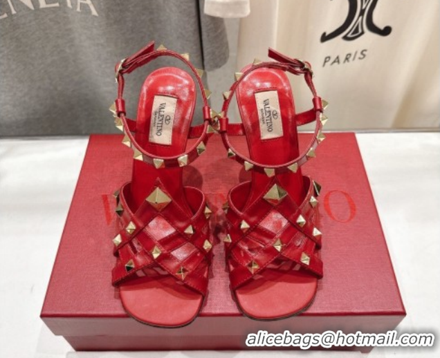 Luxurious Valentino Studdy Heel Sandals 9.5cm in Calfskin Leather Red 0224037