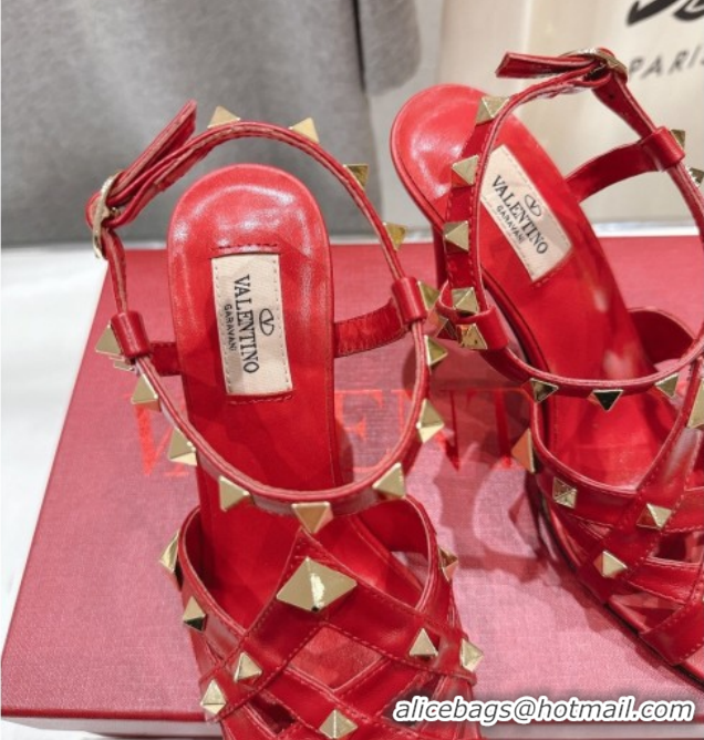 Luxurious Valentino Studdy Heel Sandals 9.5cm in Calfskin Leather Red 0224037