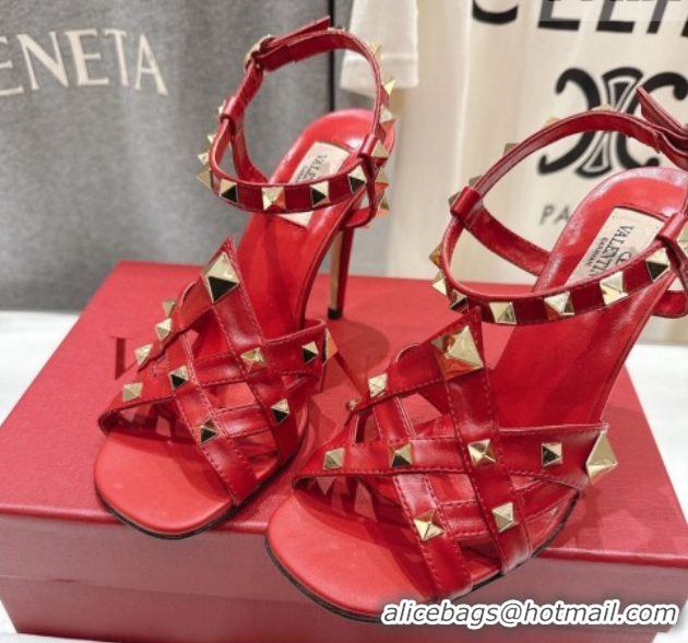 Luxurious Valentino Studdy Heel Sandals 9.5cm in Calfskin Leather Red 0224037