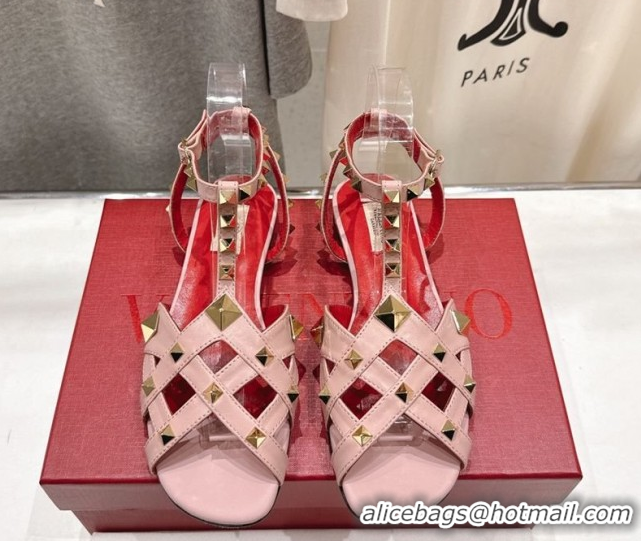 Best Grade Valentino Studdy Flat Sandals in Calfskin Leather Pink 0224041