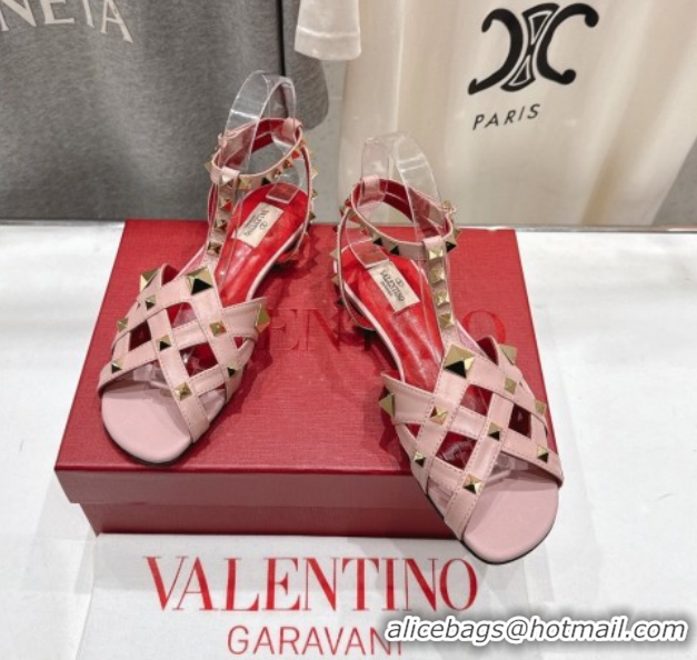 Best Grade Valentino Studdy Flat Sandals in Calfskin Leather Pink 0224041