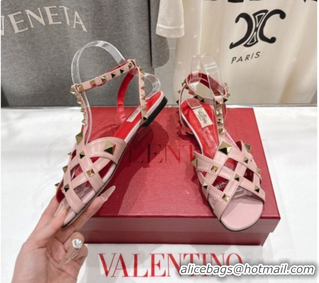Best Grade Valentino Studdy Flat Sandals in Calfskin Leather Pink 0224041