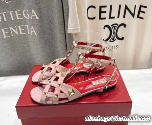 Best Grade Valentino Studdy Flat Sandals in Calfskin Leather Pink 0224041