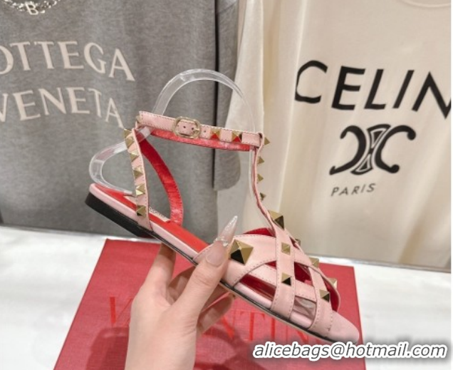 Best Grade Valentino Studdy Flat Sandals in Calfskin Leather Pink 0224041