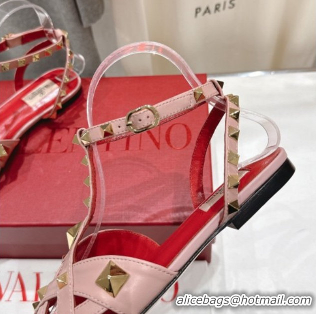 Best Grade Valentino Studdy Flat Sandals in Calfskin Leather Pink 0224041