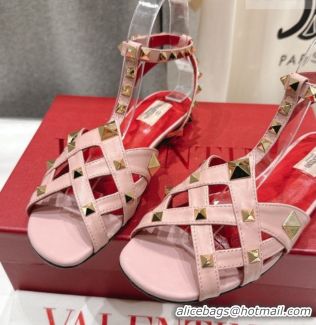 Best Grade Valentino Studdy Flat Sandals in Calfskin Leather Pink 0224041