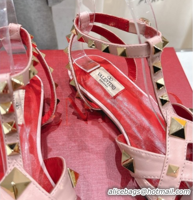 Best Grade Valentino Studdy Flat Sandals in Calfskin Leather Pink 0224041