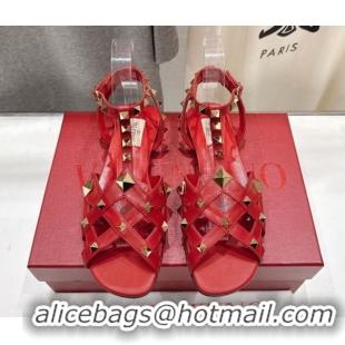 Low Price Valentino Studdy Flat Sandals in Calfskin Leather Red 0224042