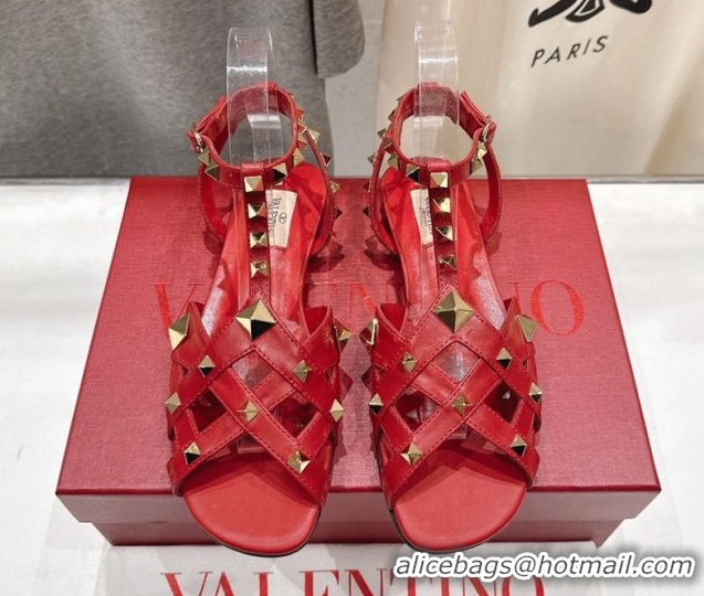 Low Price Valentino Studdy Flat Sandals in Calfskin Leather Red 0224042