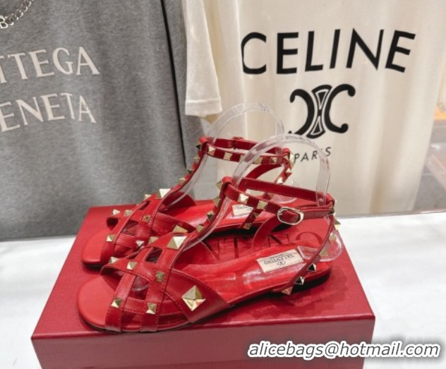 Low Price Valentino Studdy Flat Sandals in Calfskin Leather Red 0224042