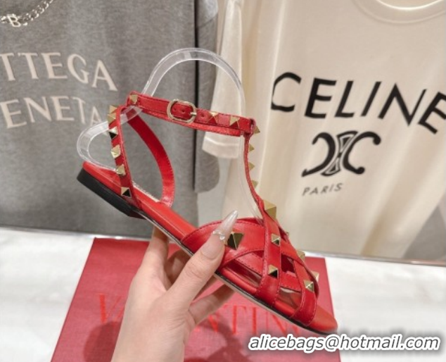 Low Price Valentino Studdy Flat Sandals in Calfskin Leather Red 0224042