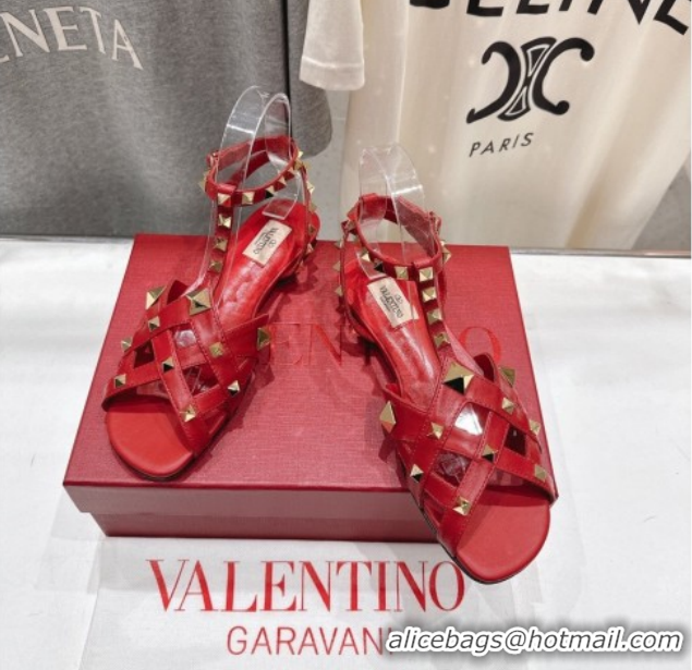Low Price Valentino Studdy Flat Sandals in Calfskin Leather Red 0224042