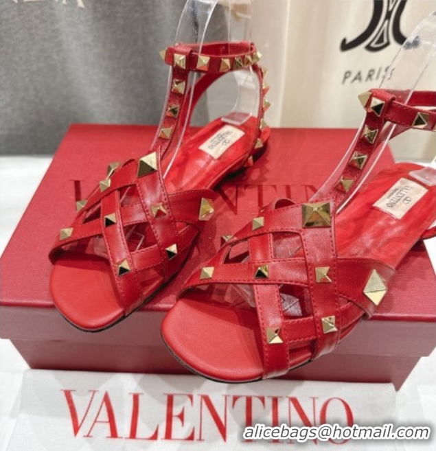 Low Price Valentino Studdy Flat Sandals in Calfskin Leather Red 0224042