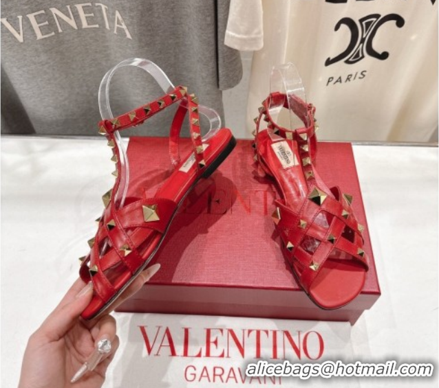 Low Price Valentino Studdy Flat Sandals in Calfskin Leather Red 0224042