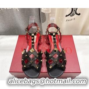 Low Cost Valentino Studdy Flat Sandals in Calfskin Leather Black 0224043