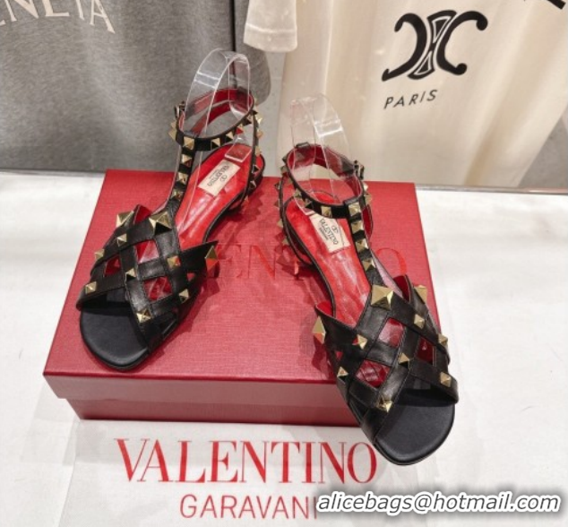 Low Cost Valentino Studdy Flat Sandals in Calfskin Leather Black 0224043