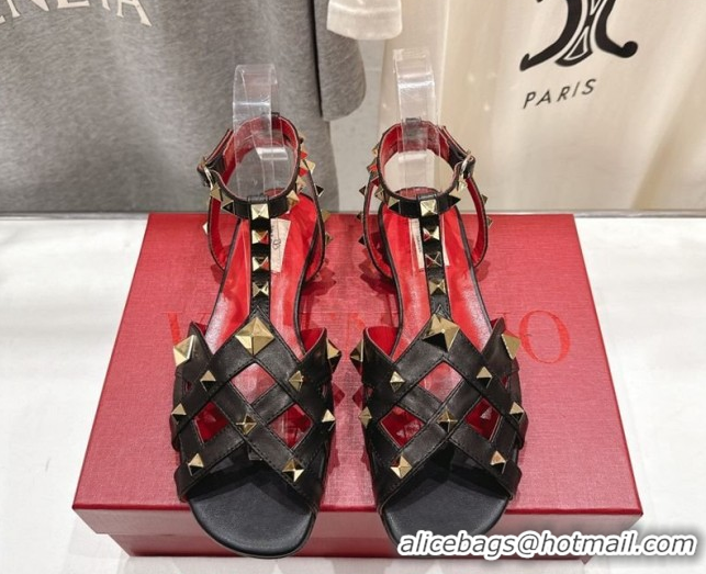 Low Cost Valentino Studdy Flat Sandals in Calfskin Leather Black 0224043