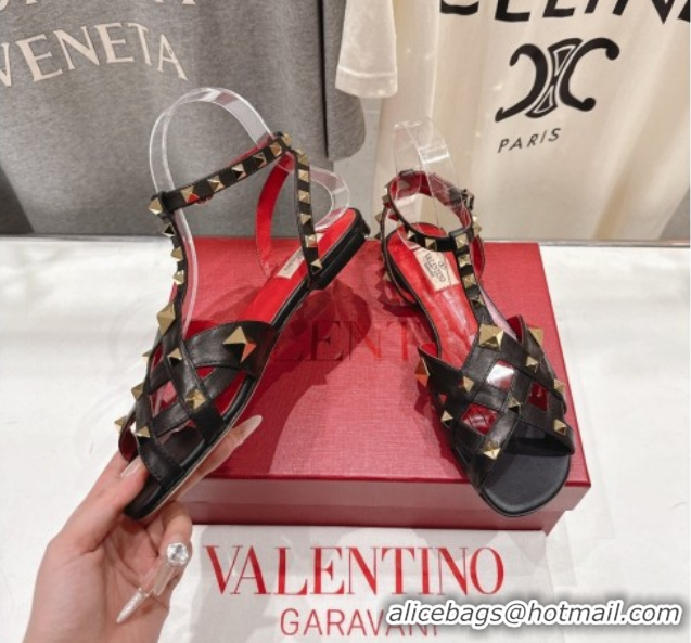 Low Cost Valentino Studdy Flat Sandals in Calfskin Leather Black 0224043