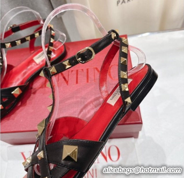 Low Cost Valentino Studdy Flat Sandals in Calfskin Leather Black 0224043