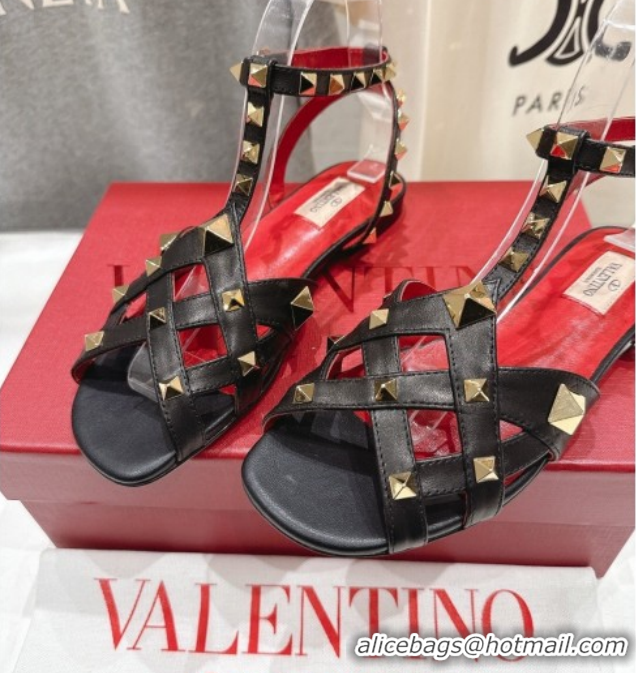 Low Cost Valentino Studdy Flat Sandals in Calfskin Leather Black 0224043