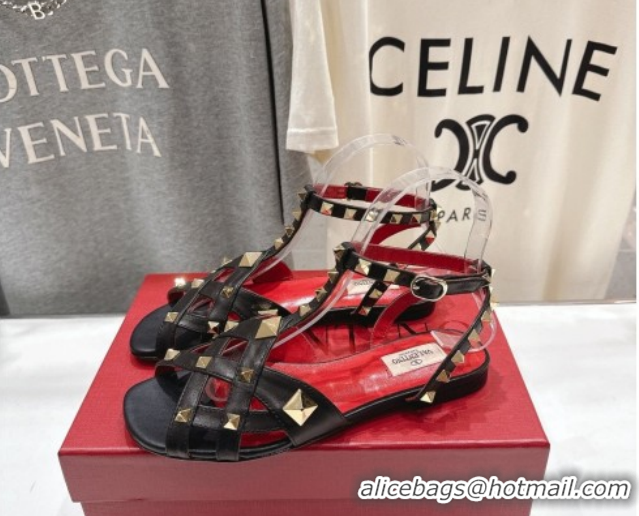 Low Cost Valentino Studdy Flat Sandals in Calfskin Leather Black 0224043