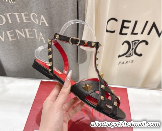 Low Cost Valentino Studdy Flat Sandals in Calfskin Leather Black 0224043