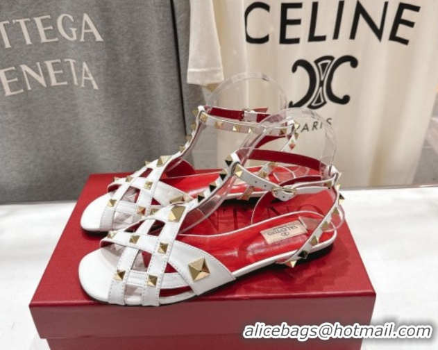 Most Popular Valentino Studdy Flat Sandals in Calfskin Leather White 0224044