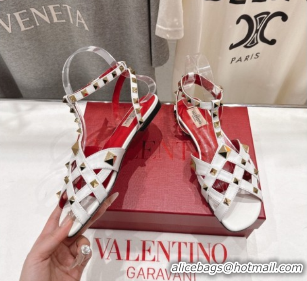 Most Popular Valentino Studdy Flat Sandals in Calfskin Leather White 0224044