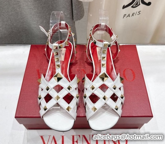 Most Popular Valentino Studdy Flat Sandals in Calfskin Leather White 0224044