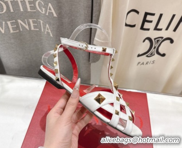 Most Popular Valentino Studdy Flat Sandals in Calfskin Leather White 0224044