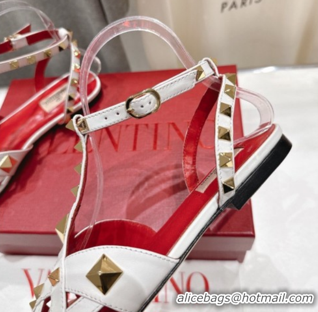 Most Popular Valentino Studdy Flat Sandals in Calfskin Leather White 0224044