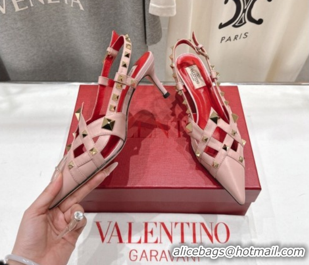 Unique Style Valentino Studdy Slingback Pumps 6.5cm in Calfskin Leather Pink 0224045