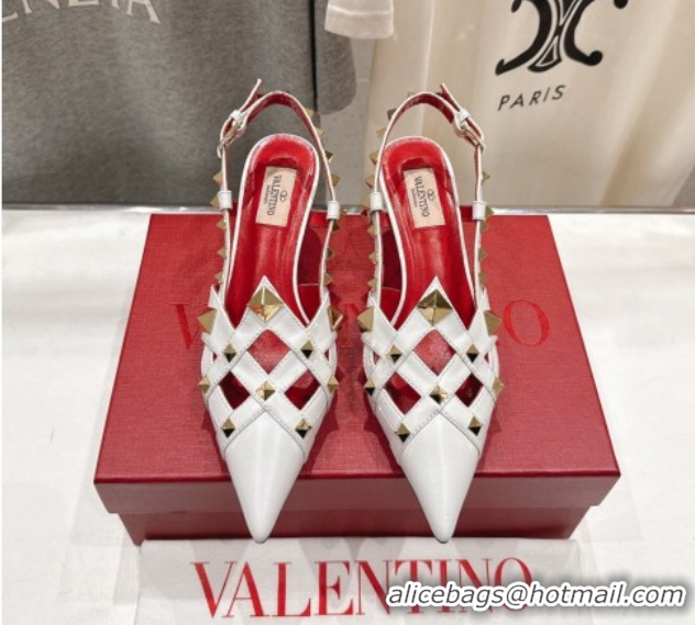Charming Valentino Studdy Slingback Pumps 6.5cm in Calfskin Leather White 0224046