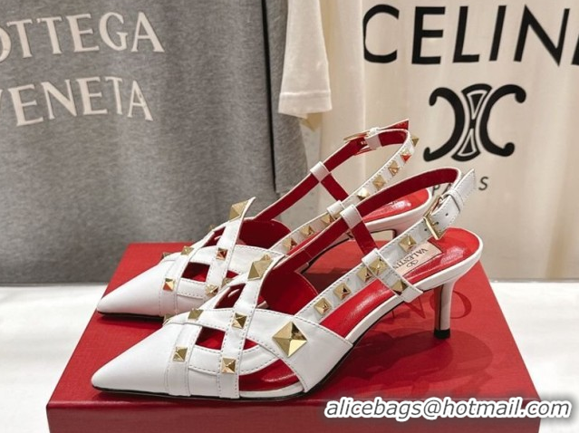 Charming Valentino Studdy Slingback Pumps 6.5cm in Calfskin Leather White 0224046