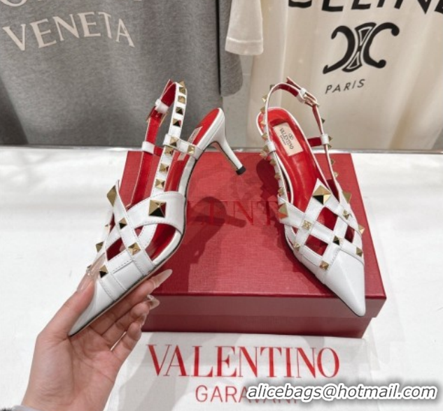 Charming Valentino Studdy Slingback Pumps 6.5cm in Calfskin Leather White 0224046