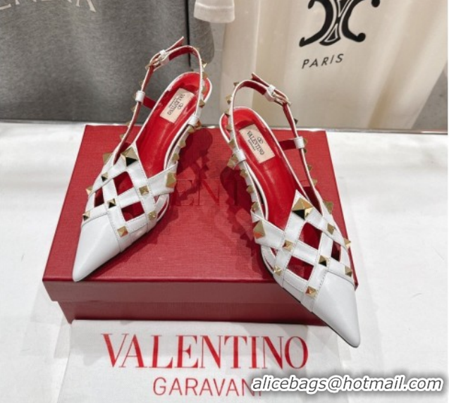 Charming Valentino Studdy Slingback Pumps 6.5cm in Calfskin Leather White 0224046