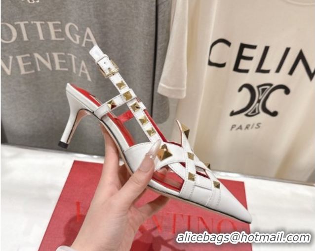 Charming Valentino Studdy Slingback Pumps 6.5cm in Calfskin Leather White 0224046