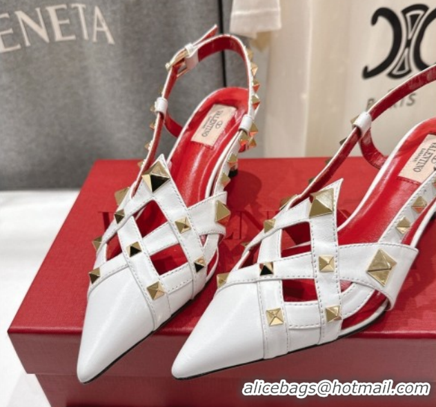 Charming Valentino Studdy Slingback Pumps 6.5cm in Calfskin Leather White 0224046