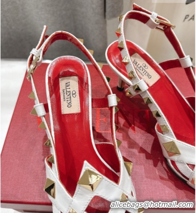 Charming Valentino Studdy Slingback Pumps 6.5cm in Calfskin Leather White 0224046