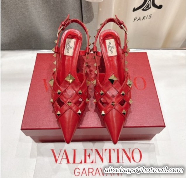 Sophisticated Valentino Studdy Slingback Pumps 6.5cm in Calfskin Leather Red 0224047