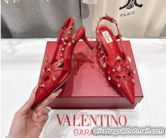 Sophisticated Valentino Studdy Slingback Pumps 6.5cm in Calfskin Leather Red 0224047