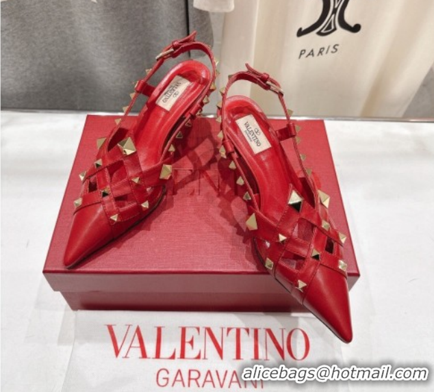 Sophisticated Valentino Studdy Slingback Pumps 6.5cm in Calfskin Leather Red 0224047