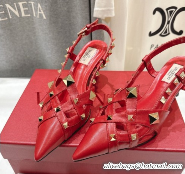 Sophisticated Valentino Studdy Slingback Pumps 6.5cm in Calfskin Leather Red 0224047