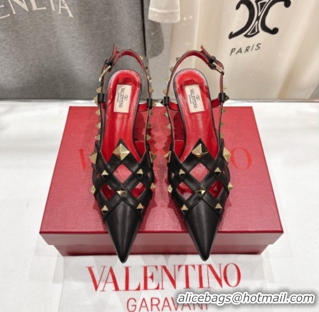 Cheap Price Valentino Studdy Slingback Pumps 6.5cm in Calfskin Leather Black 0224048