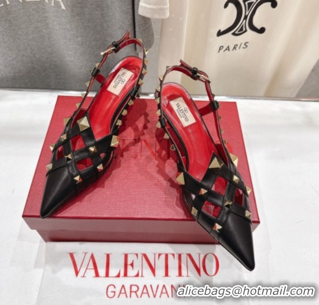 Cheap Price Valentino Studdy Slingback Pumps 6.5cm in Calfskin Leather Black 0224048