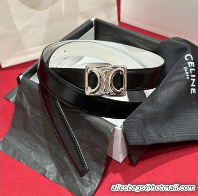 Best Quality Celine Medium Taurillon Leather Belt 2.5cm with Framed Triomphe Buckle CE011005 Black/White/Silver 2025