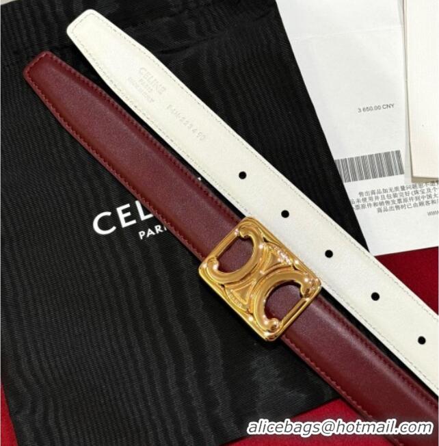 Modern Classic Celine Medium Taurillon Leather Belt 2.5cm with Framed Triomphe Buckle CE011005 Burgundy/White/Gold 2025