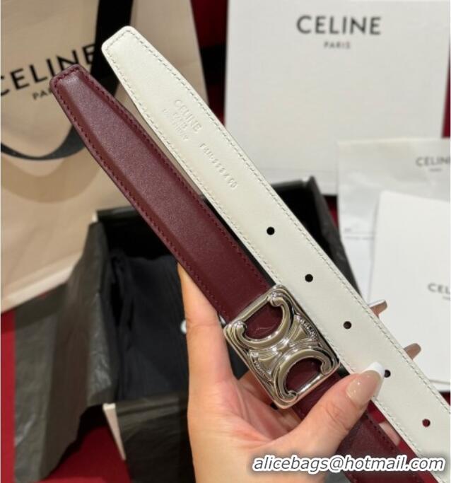 Best Quality Celine Medium Taurillon Leather Belt 2.5cm with Framed Triomphe Buckle CE011005 Burgundy/White/Silver 2025