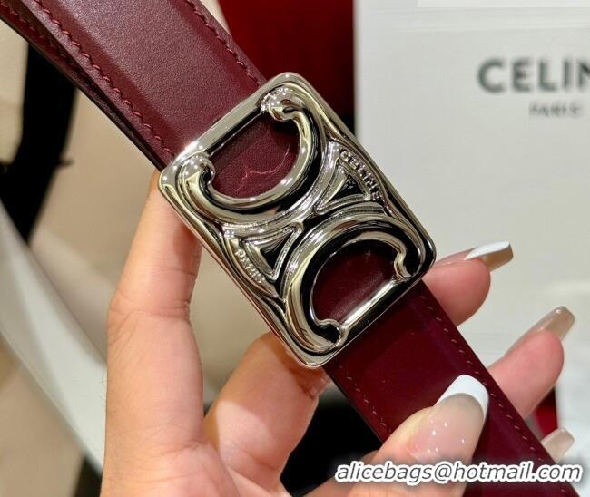 Best Quality Celine Medium Taurillon Leather Belt 2.5cm with Framed Triomphe Buckle CE011005 Burgundy/White/Silver 2025